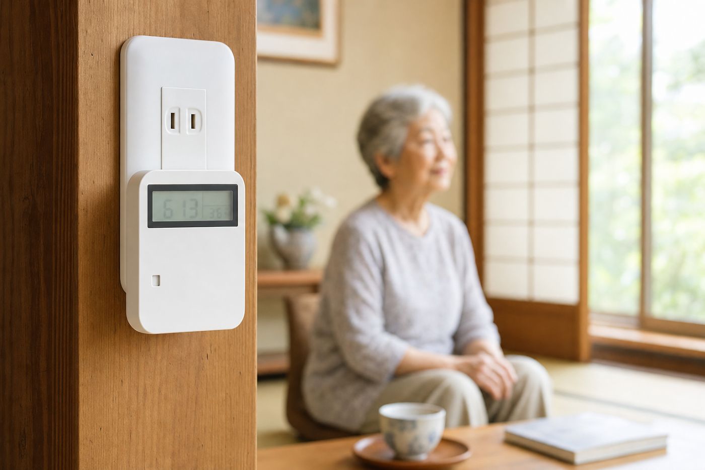 木造住宅のコンセントに設置されたCO2見守りセンサーと、和室でくつろぐ高齢女性の写真イメージ