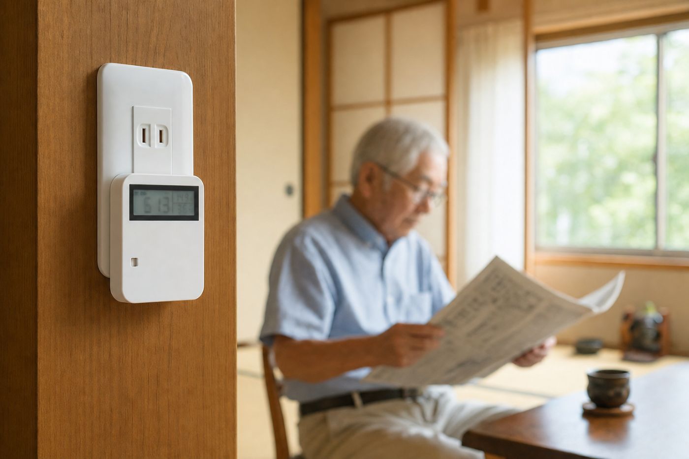 木造住宅のコンセントに設置されたCO2見守りセンサーと、和室でくつろぐ80代の男性の写真イメージ
