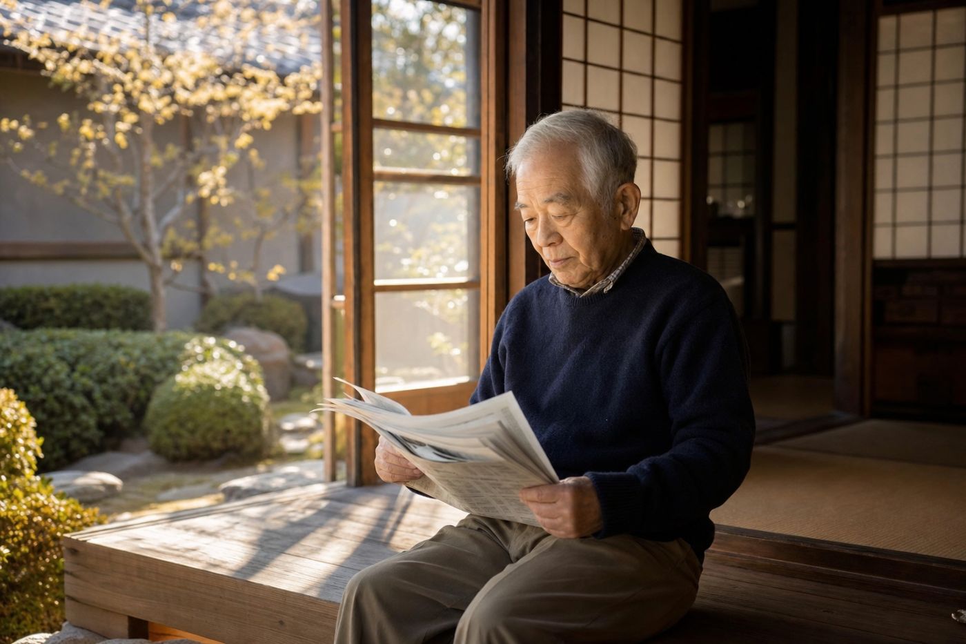 木造住宅の縁側で穏やかに新聞を読む高齢男性の写真イメージ