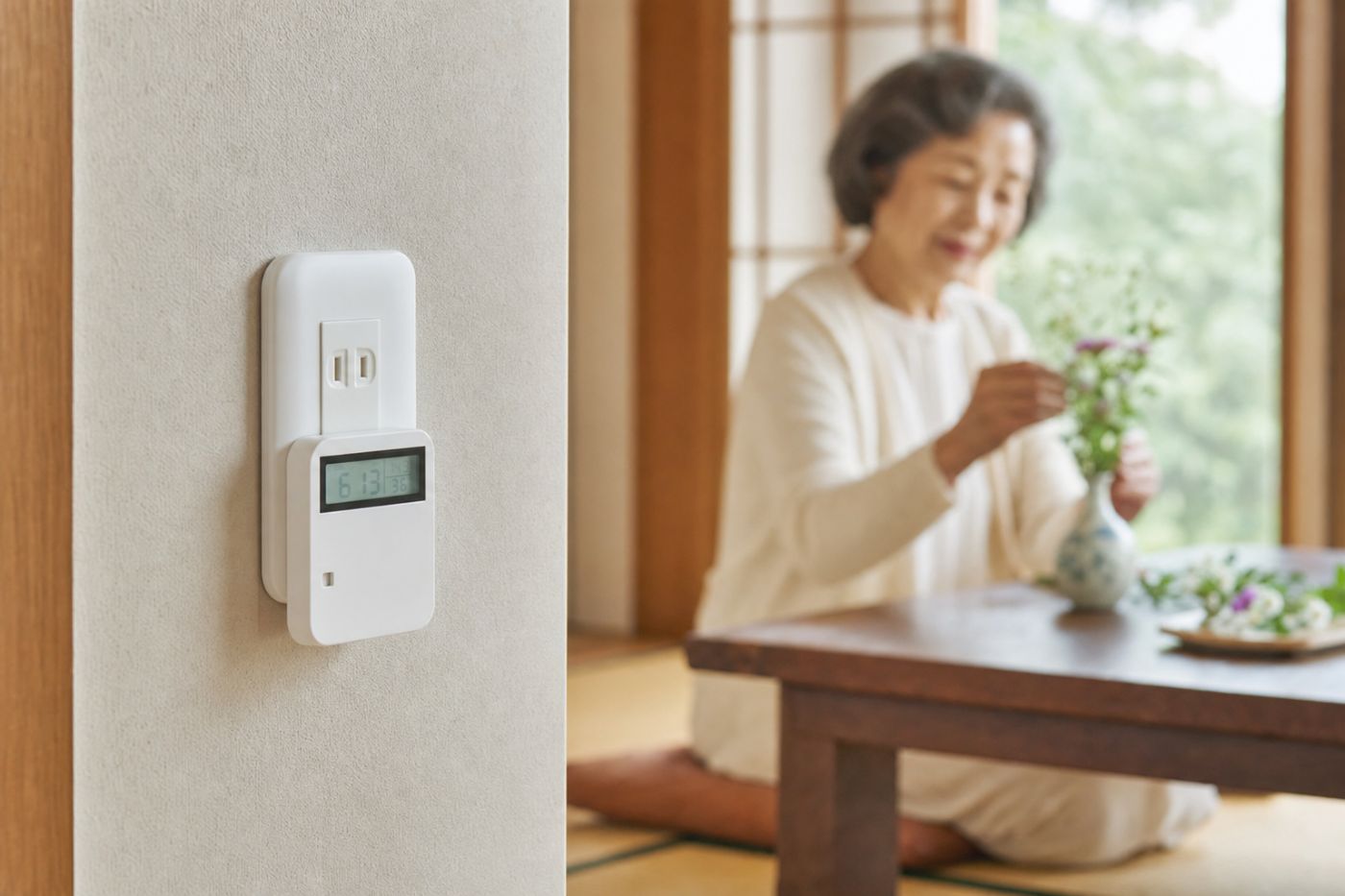 コンセントに設置されたCO2見守りセンサーと、部屋で穏やかに過ごす高齢女性の写真イメージ