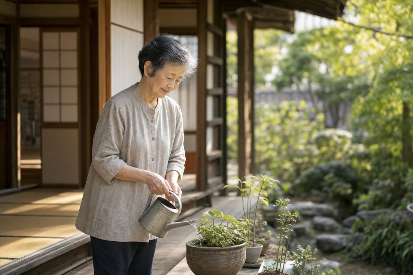 木造住宅の縁側で朝の光を浴びながら鉢植えに水をやる高齢女性の写真イメージ