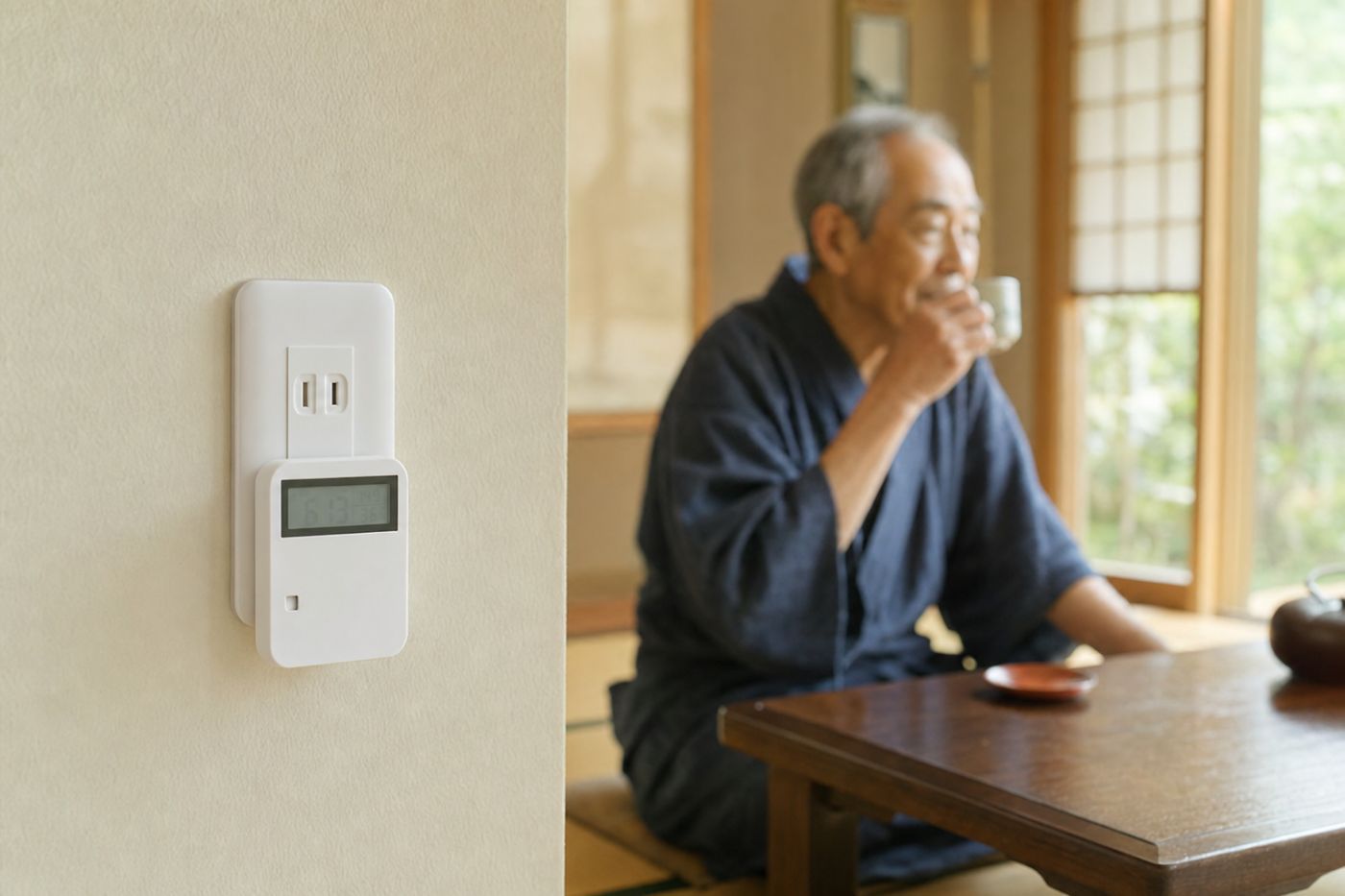 コンセントに設置されたCO2見守りセンサーと、部屋で穏やかにお茶を飲む高齢男性の写真イメージ