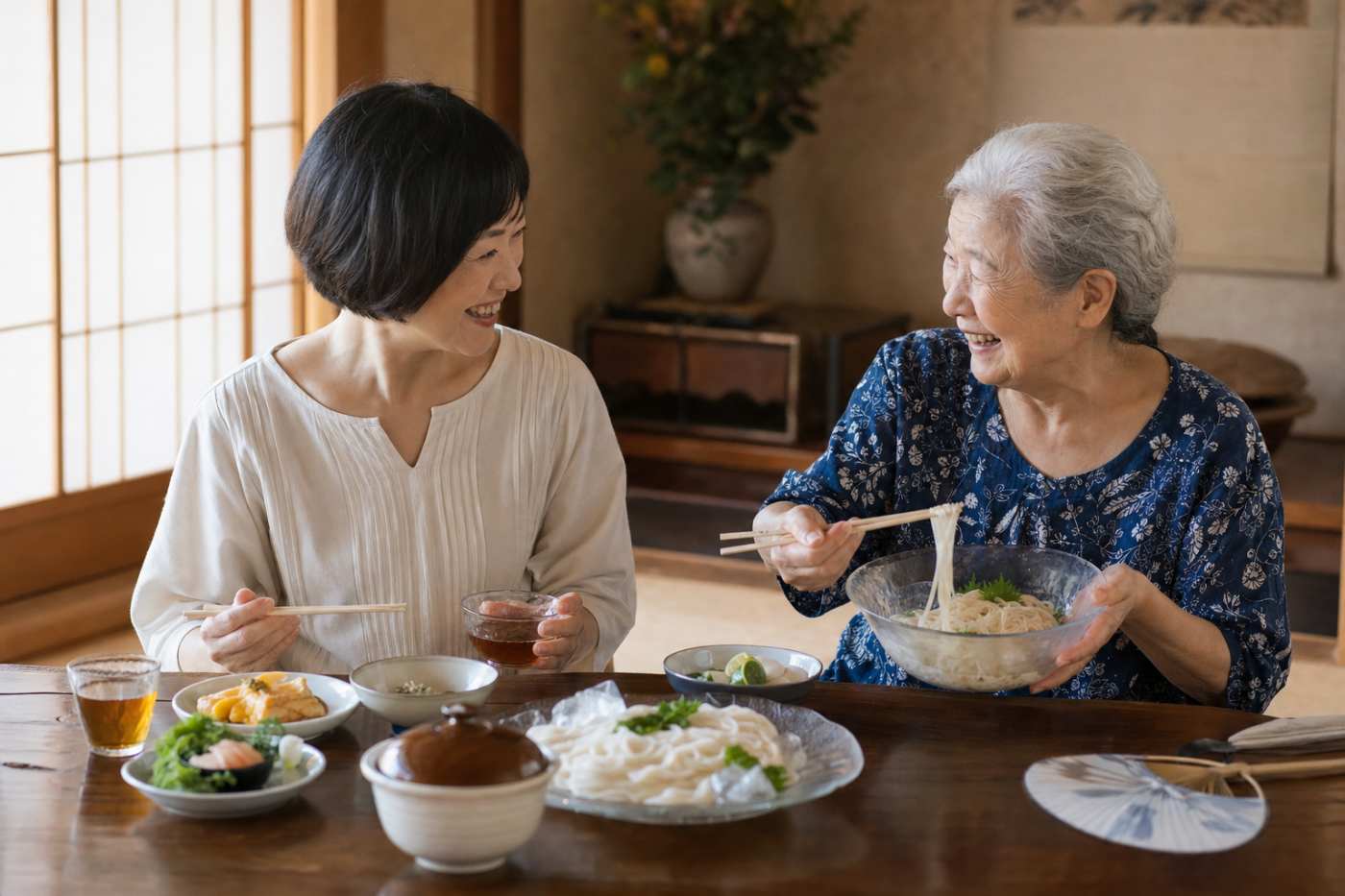 実家の食卓を囲んでなごやかに話す親子の写真イメージ