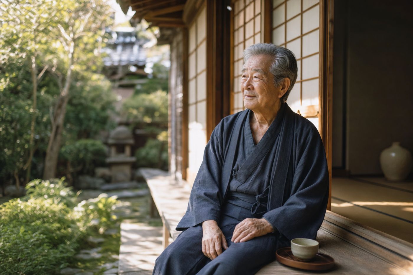 木造住宅の縁側で穏やかに過ごす80代の男性の写真イメージ