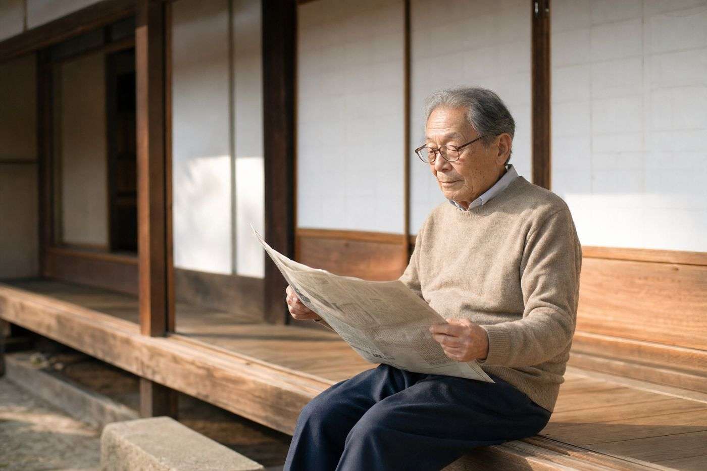 木造住宅の縁側で穏やかに新聞を読む高齢男性の写真イメージ