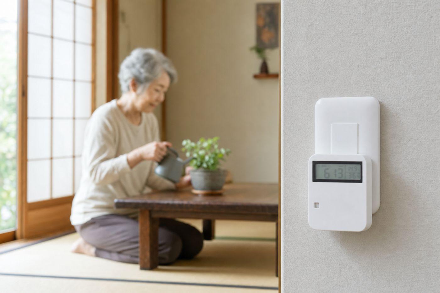 コンセントに設置されたCO2見守りセンサーと、部屋で穏やかに過ごす高齢女性の写真イメージ