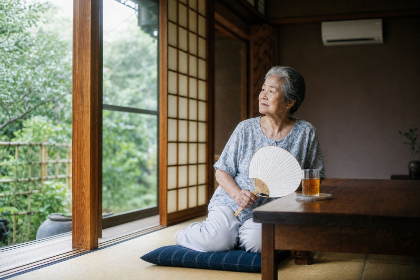 夏の木造住宅の和室でうちわを手に過ごす70代の女性の写真イメージ