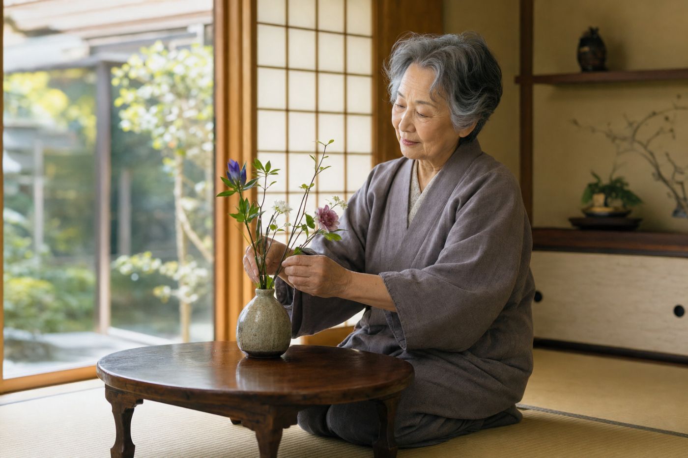 日本の木造住宅の縁側で穏やかに過ごす高齢女性の写真イメージ