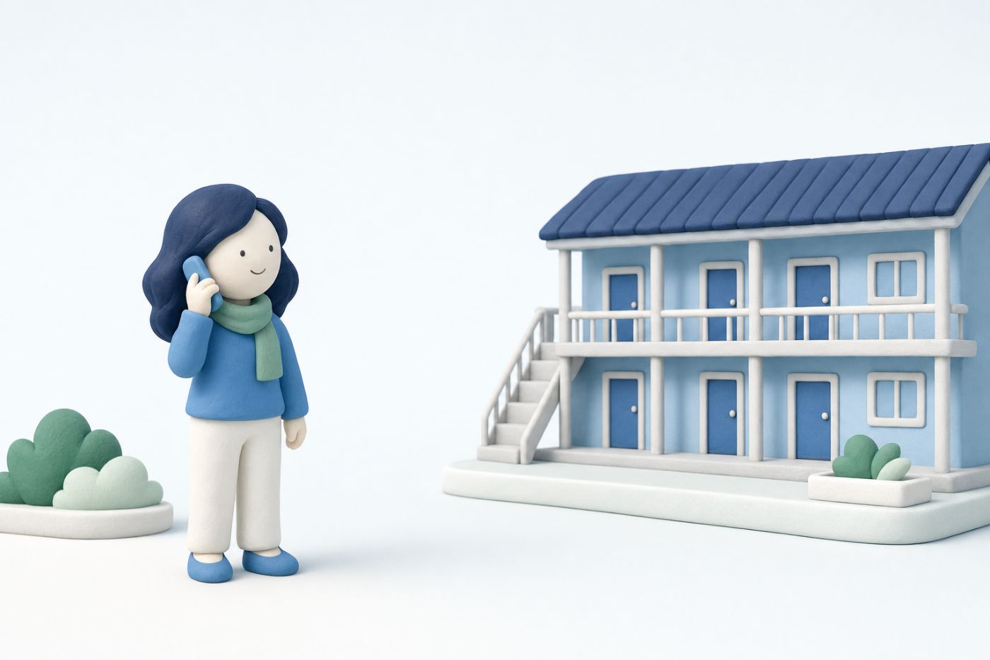 電話で相談する人と集合住宅をならべたクレイ風のミニチュアイメージ