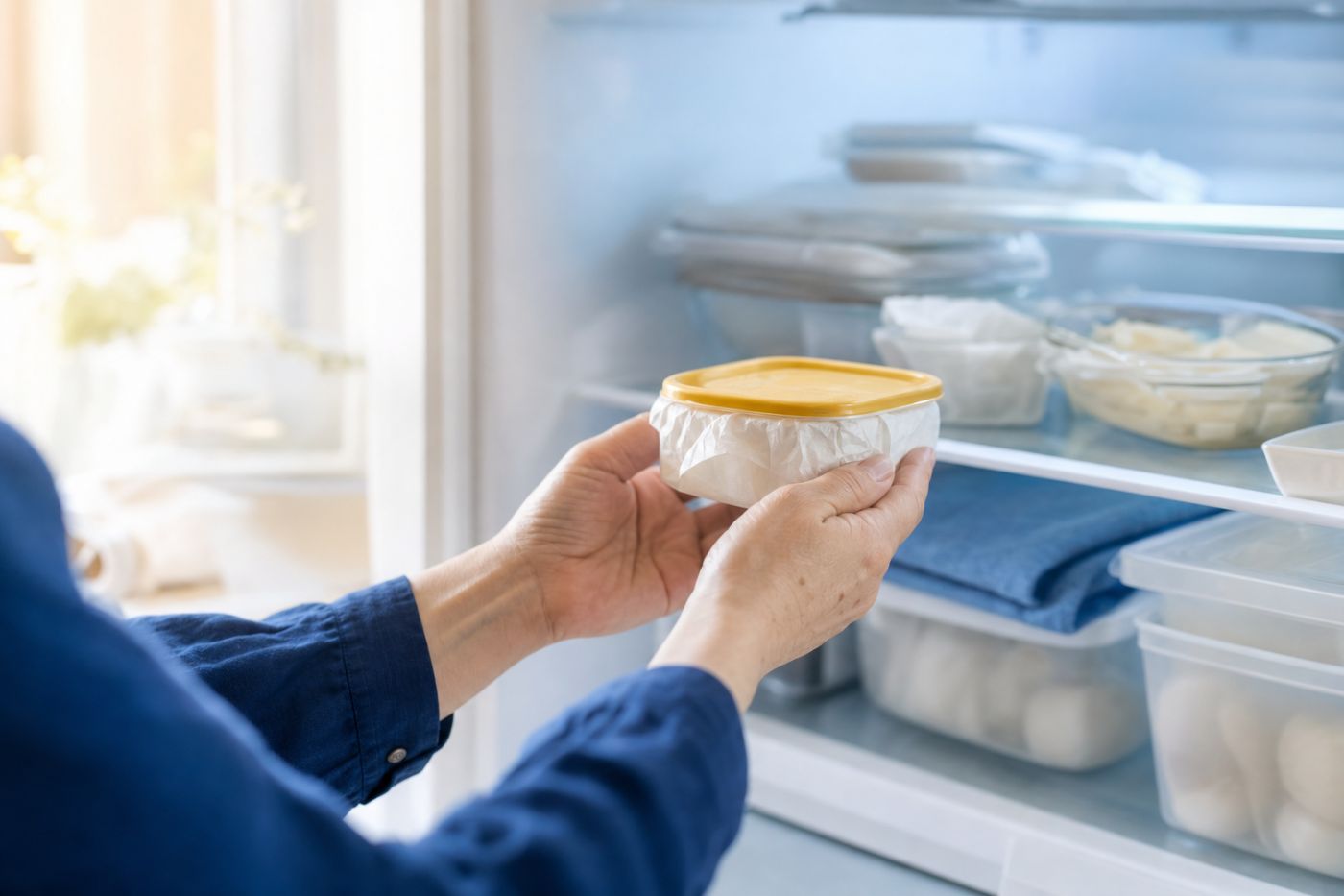 冷蔵庫の中の食品をそっと確かめる手元の写真イメージ