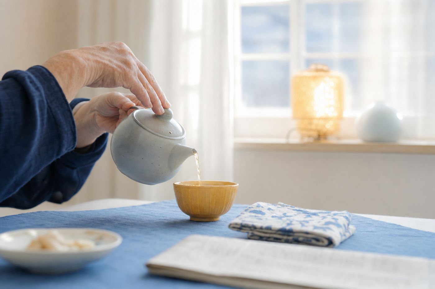 夕方の食卓でお茶をいれる高齢の親の手元の写真イメージ
