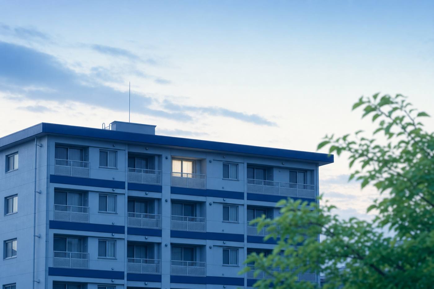 夕暮れの集合住宅にひと部屋だけあかりがともるおだやかな風景の写真イメージ