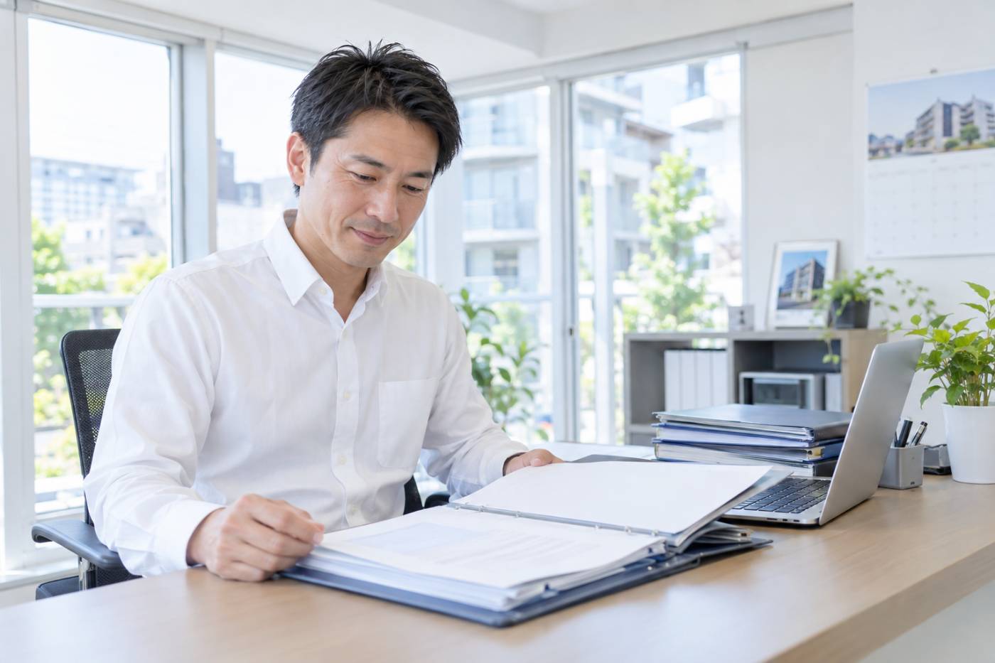 賃貸管理会社の担当者が事務所で管理物件の入居者台帳を確認している写真イメージ