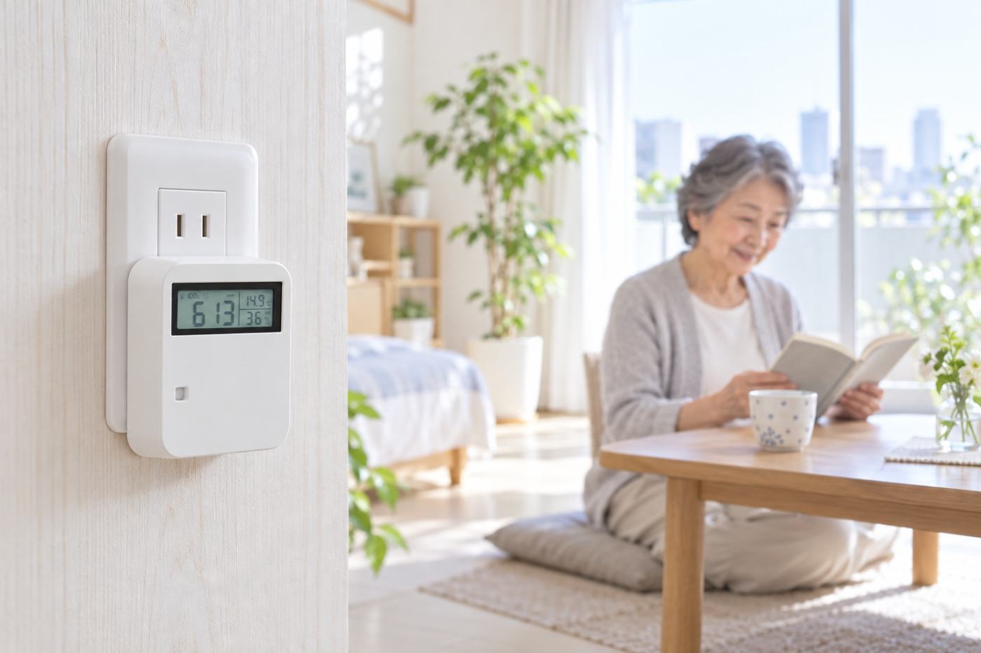 賃貸住宅のコンセントに設置されたCO₂見守りセンサー「デナリ・ボッツ」と、室内でくつろぐ高齢の入居者の写真イメージ