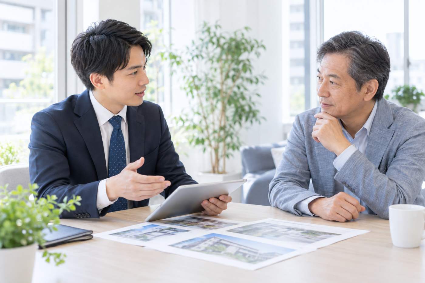 賃貸管理会社の担当者がオーナーに高齢者受け入れのリスクと対策を説明している打ち合わせの写真イメージ