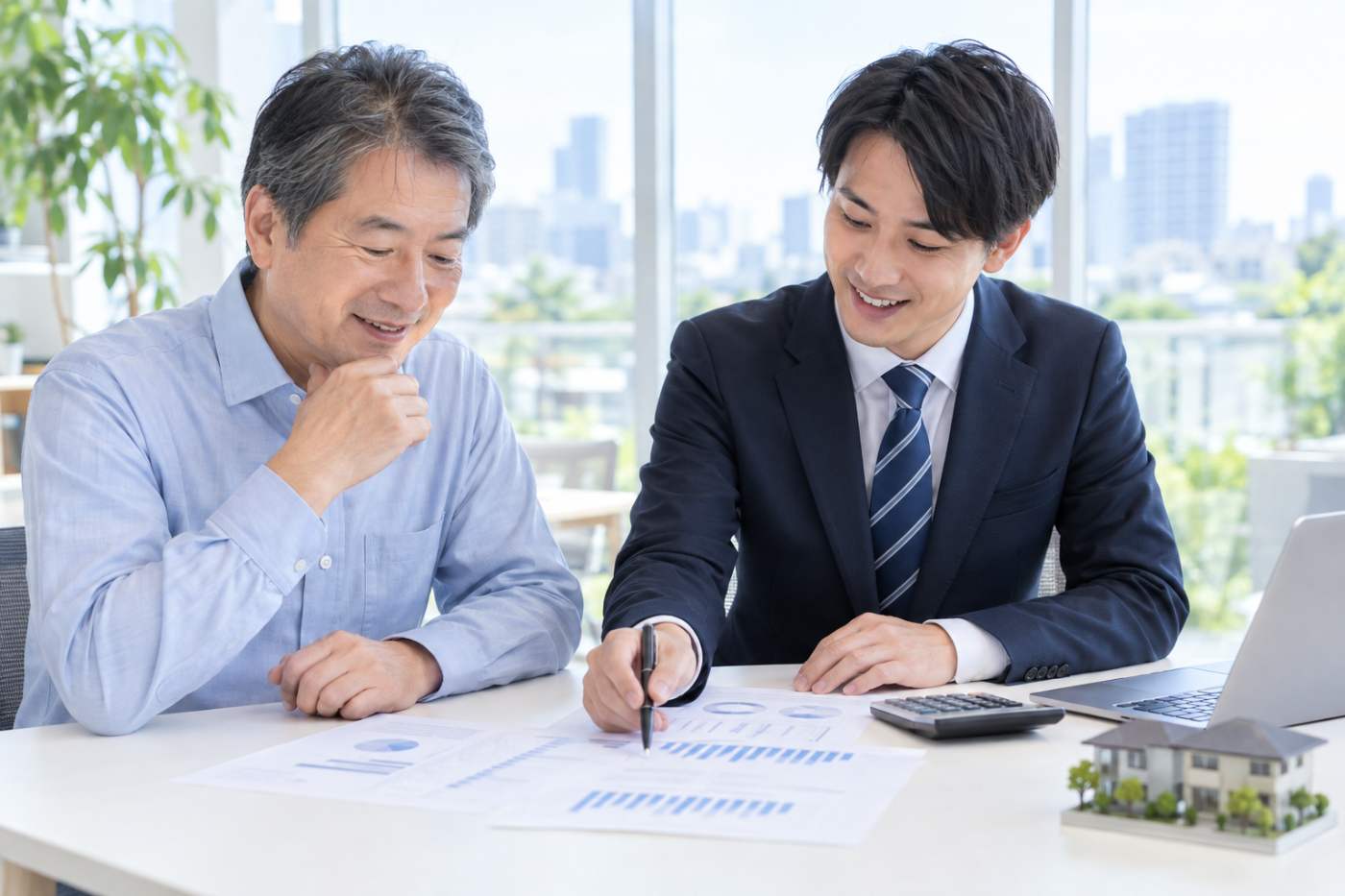 賃貸オーナーと管理会社の担当者が家賃収入と対策費用の収支シミュレーションを一緒に確認している写真イメージ