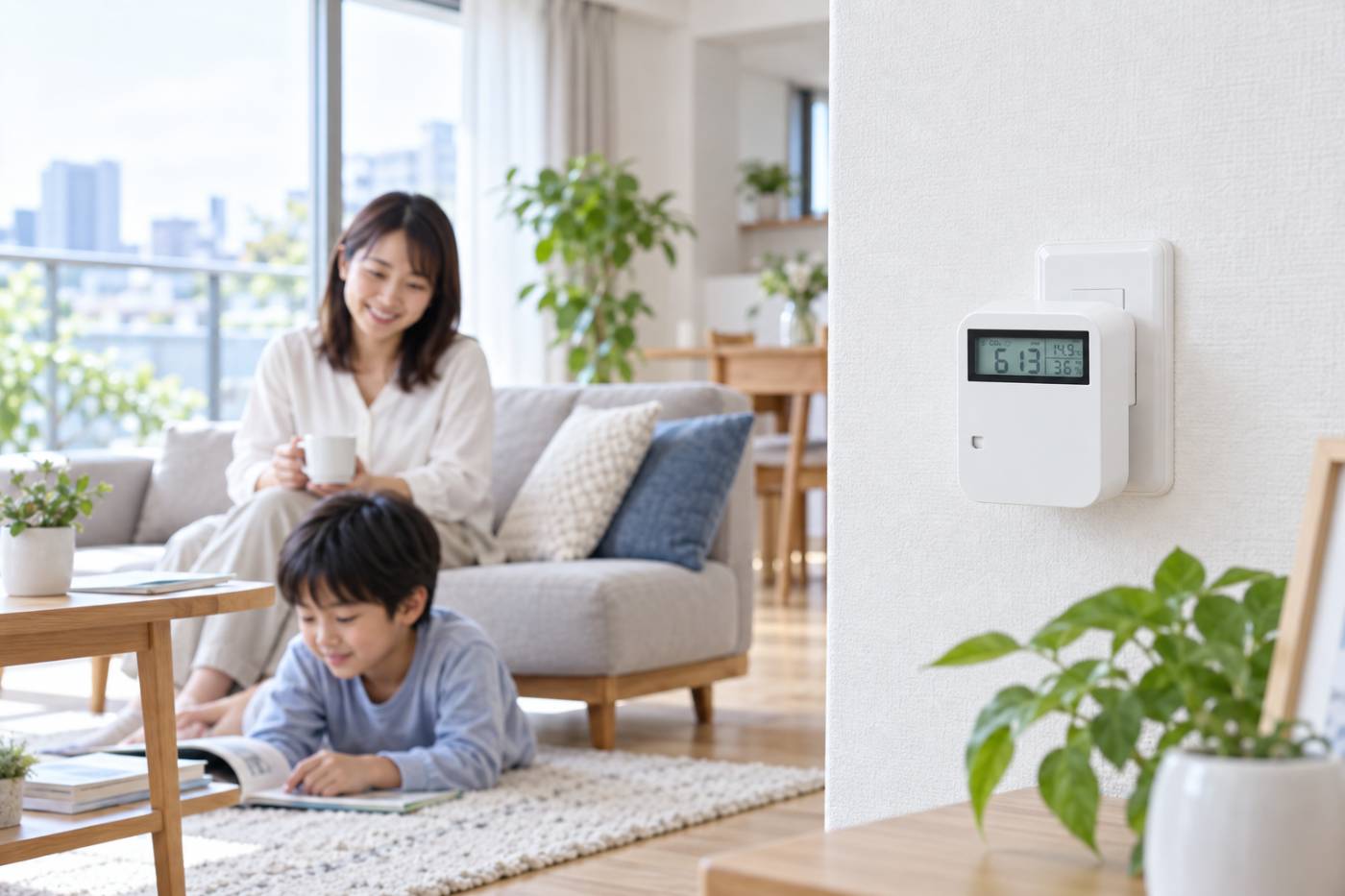 賃貸住宅のコンセントに設置されたCO₂見守りセンサー「デナリ・ボッツ」と、専任スタッフによる電話確認の写真イメージ