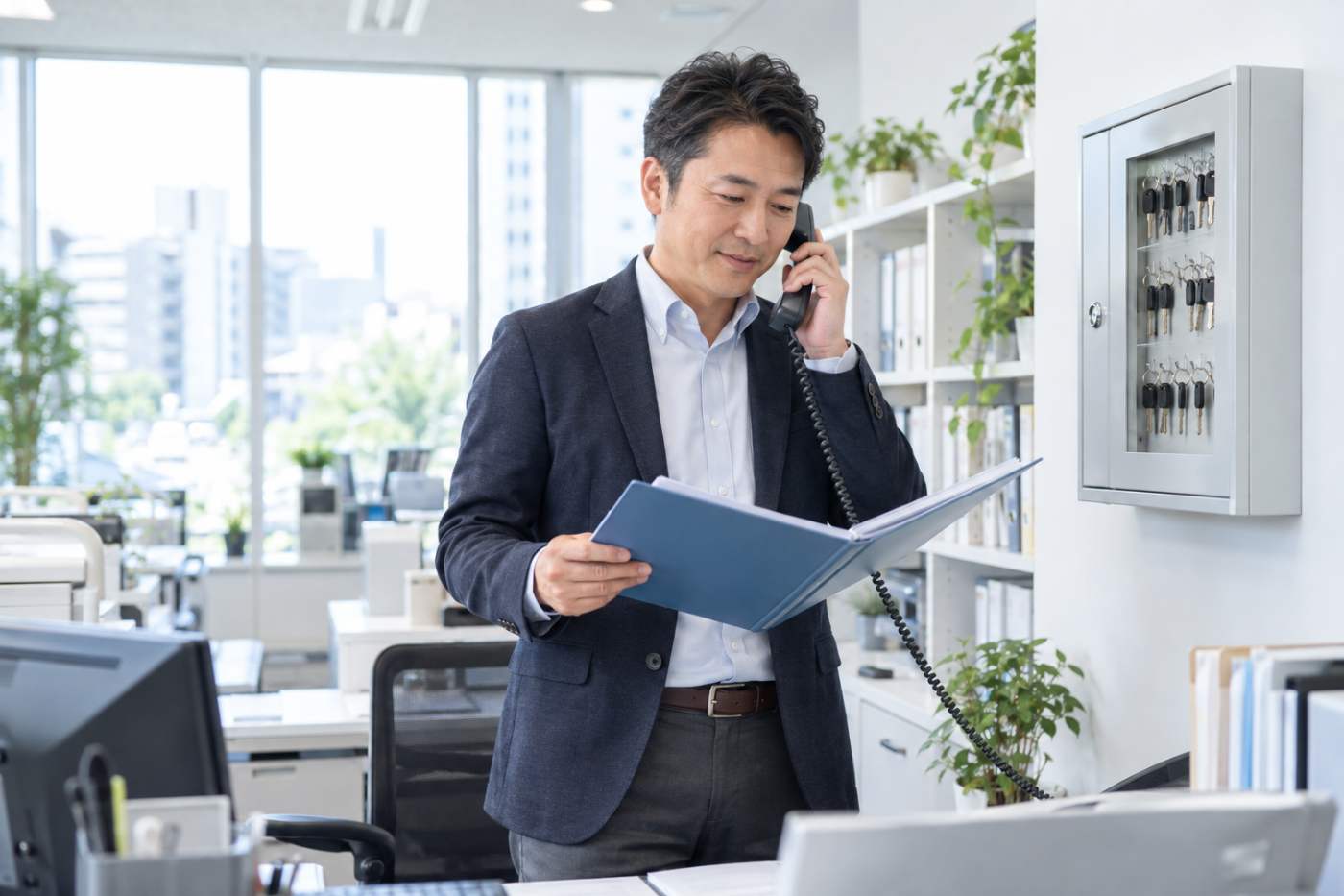 鍵の保管庫の前で、入居者の緊急連絡先に電話する賃貸管理会社の担当者の写真イメージ