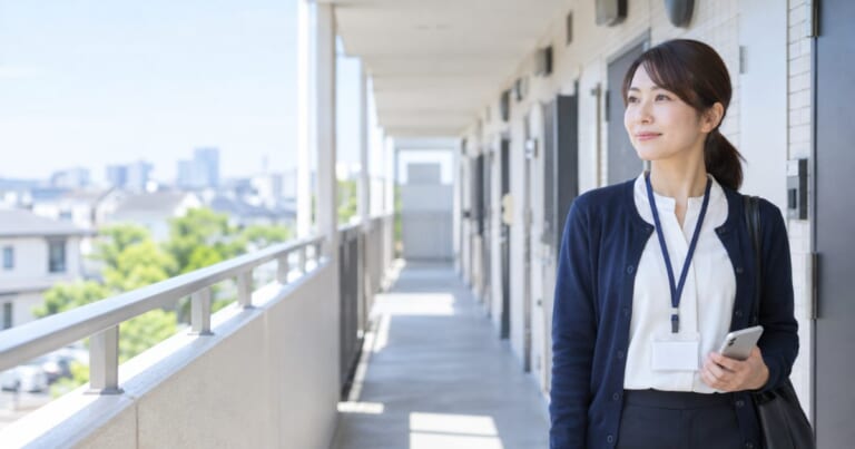 見守りの現地確認を担う賃貸管理会社の担当者が、アパートの共用廊下で入居者の住戸を確認している写真イメージ（アイキャッチ）