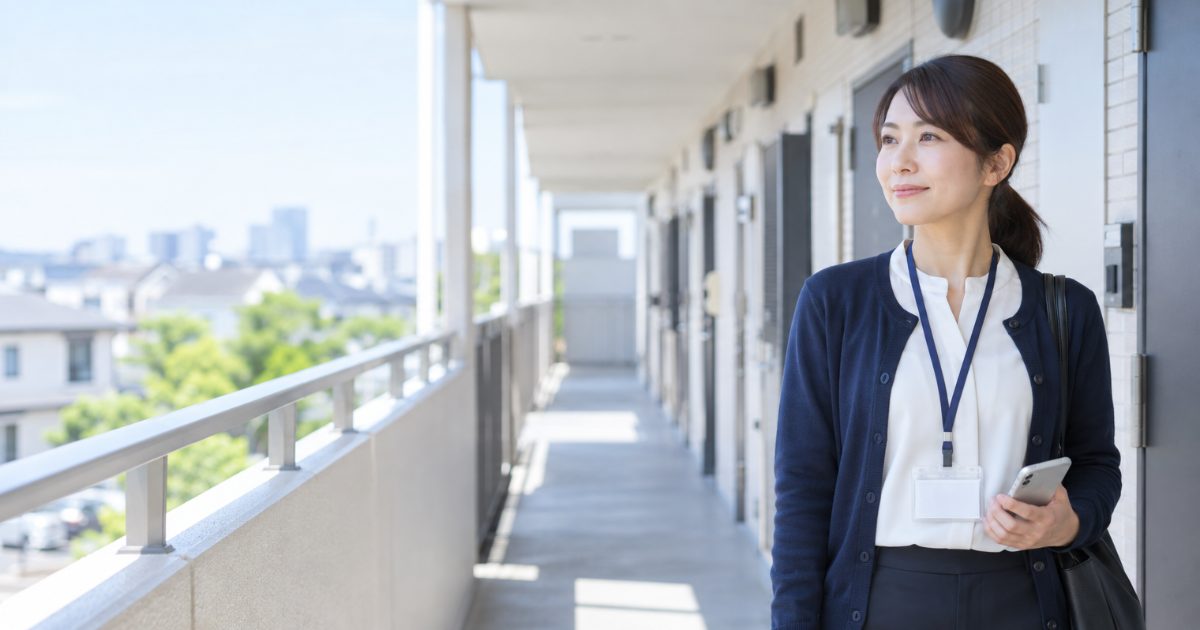 見守りの現地確認を担う賃貸管理会社の担当者が、アパートの共用廊下で入居者の住戸を確認している写真イメージ（アイキャッチ）