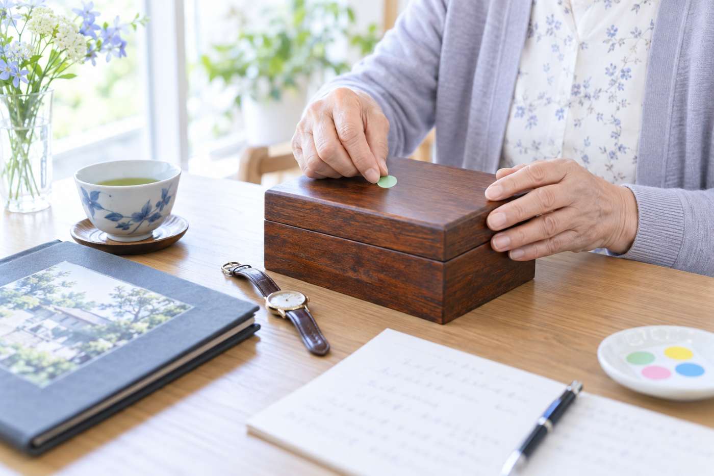 高齢の入居者が、残してほしい大切な品に目印のシールを貼っている写真イメージ