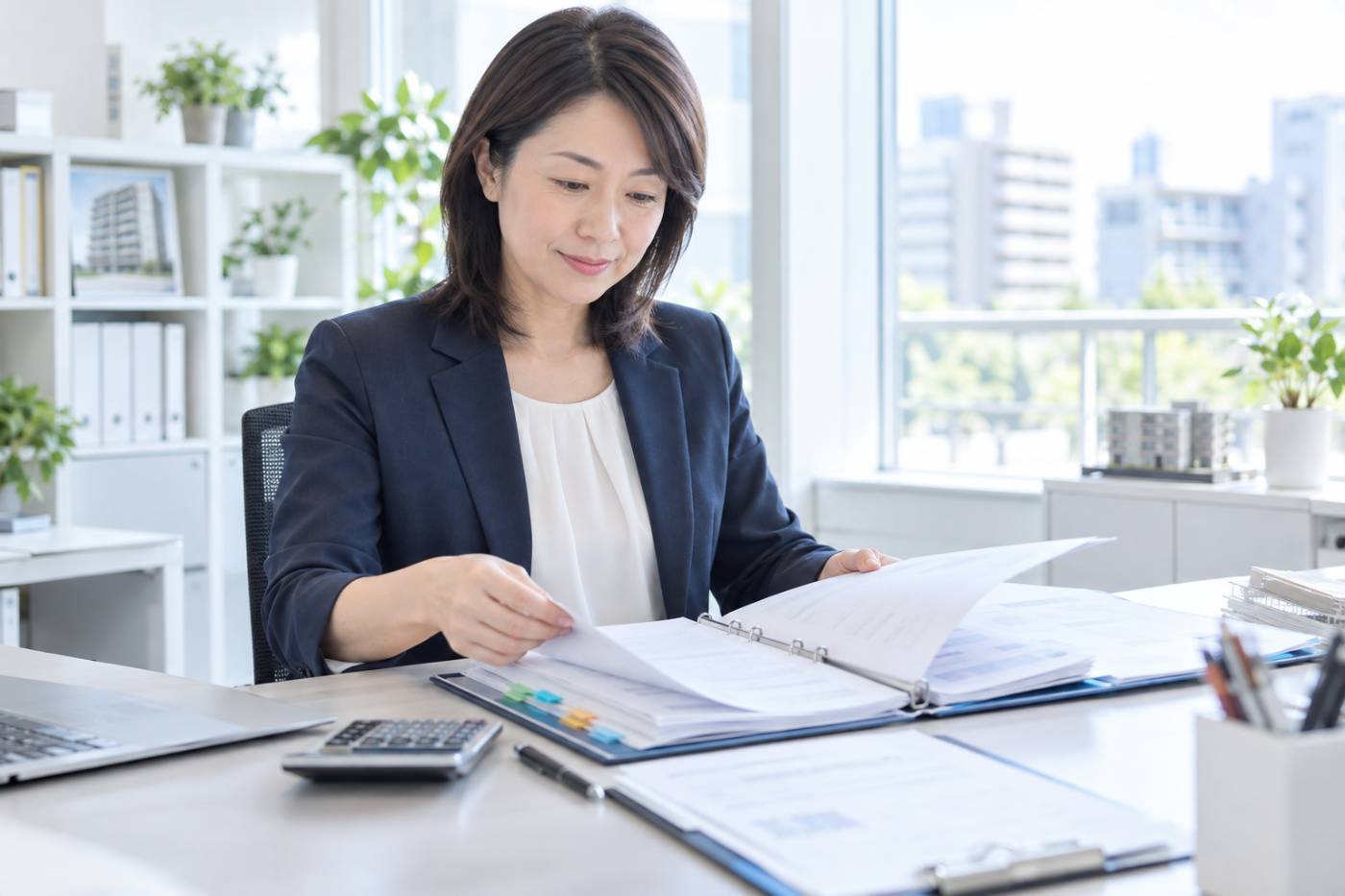 賃貸管理会社の担当者が、契約書や連絡先リストなどの引き継ぎ資料を整理している写真イメージ