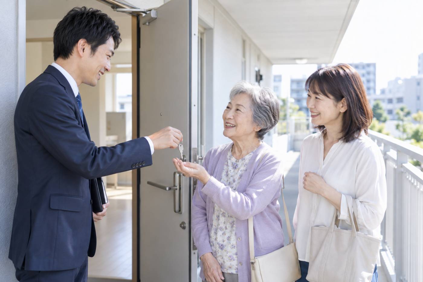 入居の日に、管理会社の担当者が高齢の入居者とご家族に鍵を手渡している写真イメージ